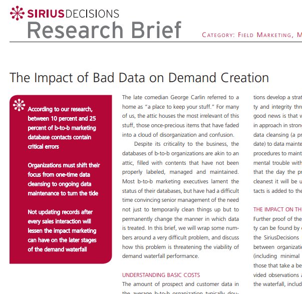 ScalableGrowth's tweet image. Do you know the 1-10-100 rule? &quot;It takes $1 to verify a record as it is entered, $10 to cleanse and de-dupe it and $100 if nothing is done&quot; Thank you @siriusdecisions #marketingoperations #marketingtosalesprocess #leadmanagementoptimization bit.ly/2tr6z3h
