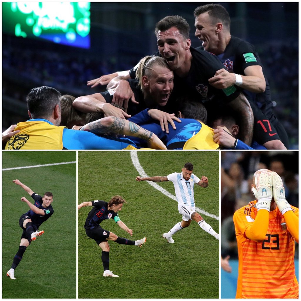 Kroasia menang telak atas Argentina dengan skor 3-0. Hasil ini membuat Kroasia lolos ke babak 16 besar. Sementara nasib Argentina baru ditentukan pada laga terakhir melawan Nigeria. #WorldCup
