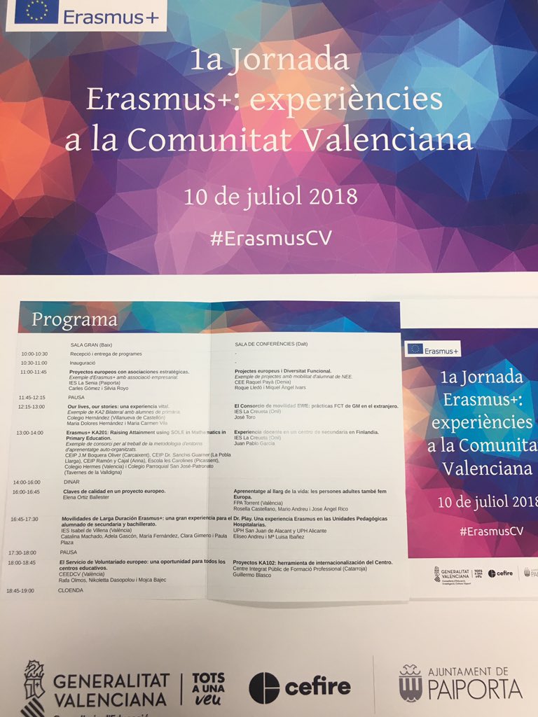 martinezsilvia_'s tweet photo. Ja el tenim!!!! Programa definitiu de la I Jornada Erasmus+ a @Ajunt_Paiporta. Encara estàs a temps d'inscriure't o mostrar l'experiència del teu centre en #ProgramesEuropeus! @GVA_Cefire #CefireValència @AmeliaGrandaPin @aranvaro   #treballemigaudim https://t.co/dYyF9sYsVO https://t.co/pdHp9dbZeH