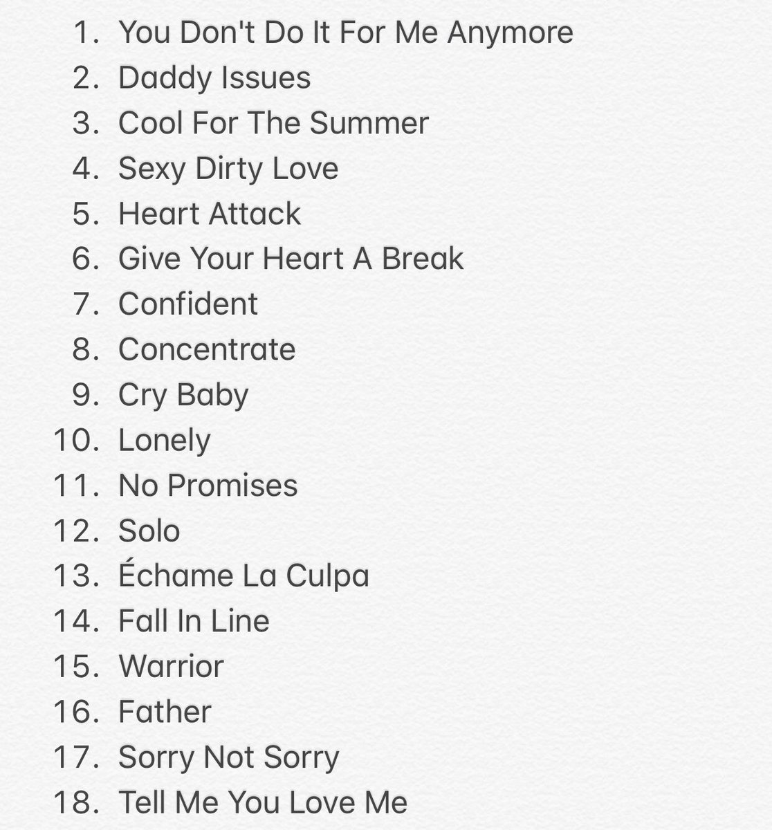 ddlovatoGalicia's tweet image. Este ha sido, tal y como en el resto de conciertos del #TellMeYouLoveMeTour, el set list para el concierto de Barcelona. Los únicos cambios producidos finalmente han sido la eliminación de #FallInLine y #Father del repertorio de canciones.