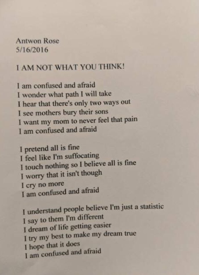 RehumanizeIntl's tweet photo. Two years ago, at 15 years old Antwon Rose Jr. wrote a poem in his Honors English class addressing the violence he had seen in his young life against young men like him. 

Two nights ago, at 17 years old Antwon Rose Jr. was shot in the back by an East Pittsburgh police officer. https://t.co/rh9Aioz35Y