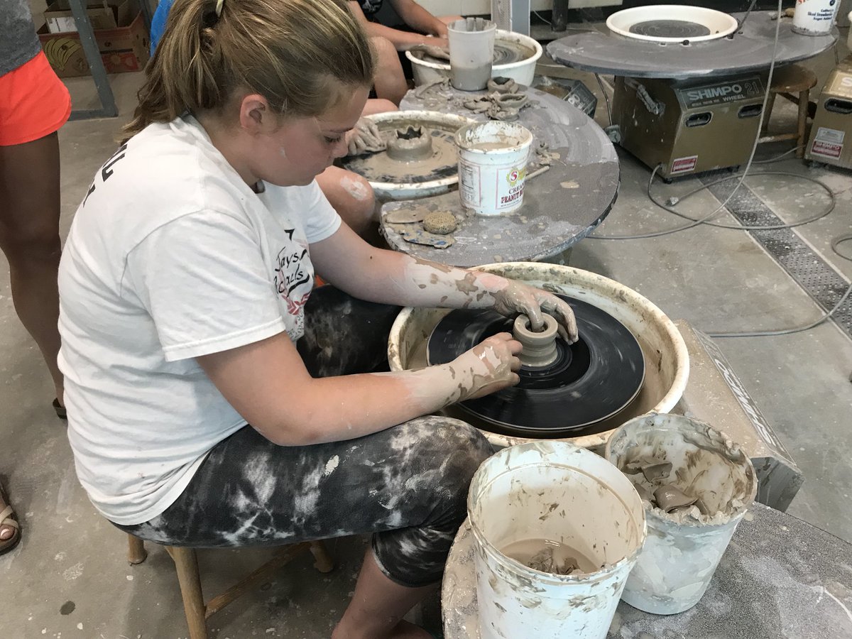 Tecumsehartists's tweet photo. Past, present and future artists working together on the wheel. So much fun to watch the learners I taught help teach the middle school clay campers! https://t.co/f4Lx7tiviP