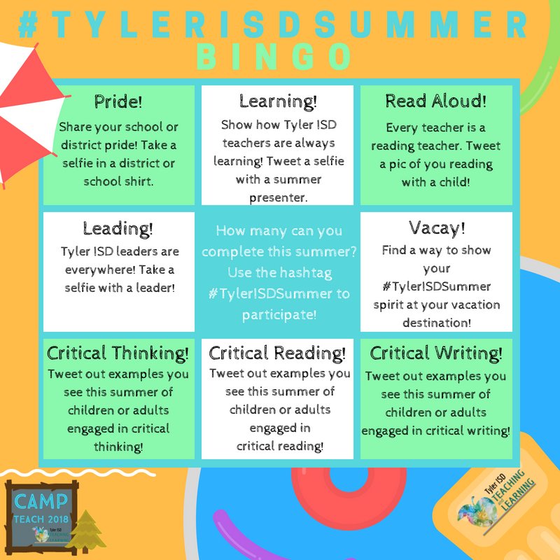 PDFSteph's tweet image. Have fun with Tyler ISD Teaching and Learning. Tweet out great moments of school or district pride, summer fun, and of course critical reading, critical writing, and critical thinking! @tylerisdlearn #tylerisdsummer