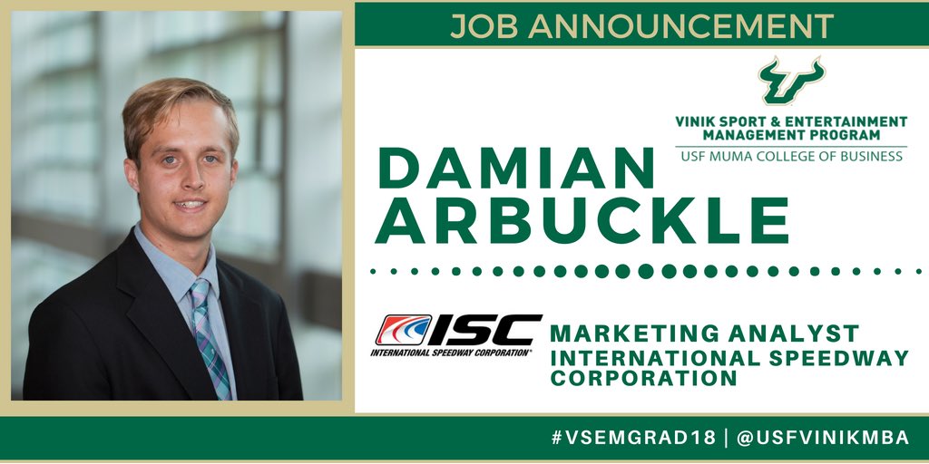 USFVinikMBA's tweet photo. JOB ALERT: Congratulations to Damian Arbuckle who joins International Speedway Corporation as a Marketing Analyst! #VSEMGrad18 https://t.co/XR49brzqiC