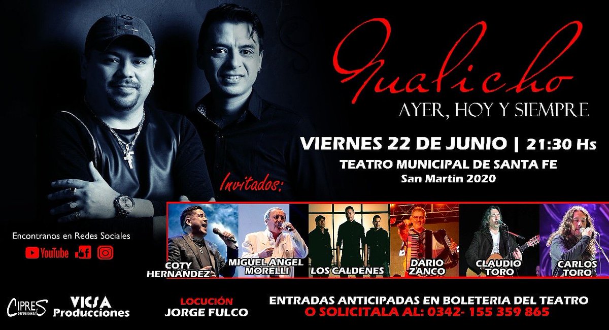 #Viernes 22 de #Junio #Gualicho en el #TeatroMunicipal de #SantaFe junto a grandes invitados..