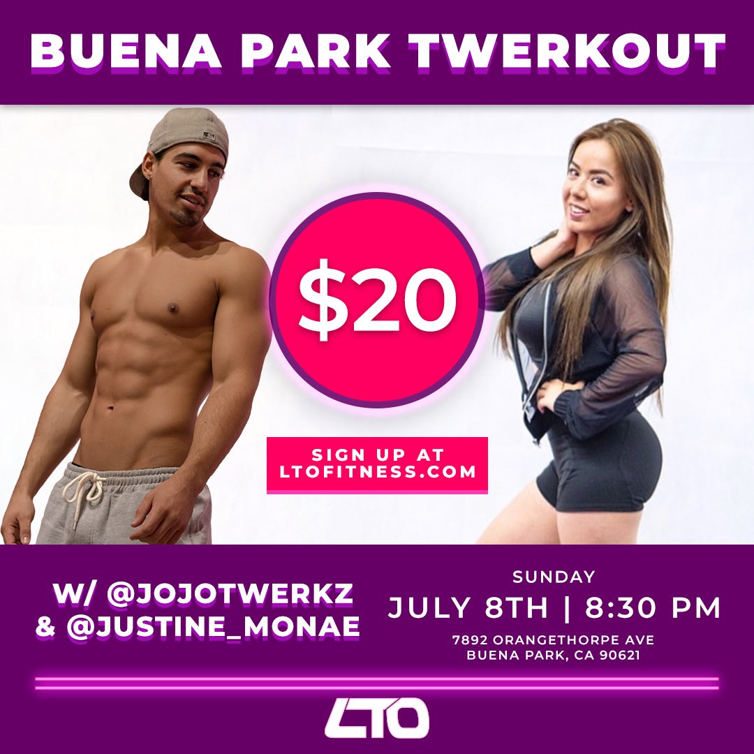 lextwerkout's tweet photo. BUENA PARK!! 😀 Sunday July 8th at 8:30pm 😝 We’re 
are coming to you! 😝 Sign up now at https://t.co/dE5jxHa2RP #buenapark #twerkout #twerk #booty #fitness #lto #ltofitness #dance https://t.co/TvDFYhcfOx