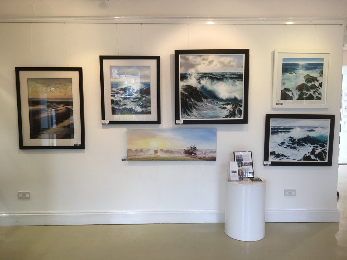 My wall of seascapes, one already sold! @HHArtsandYoga exhibition Live in Devon . Harbour House, Kingsbridge until Sunday. Come and look! Demonstrations #Devon #painting @CreativeCov #oil #acrylic #pastel