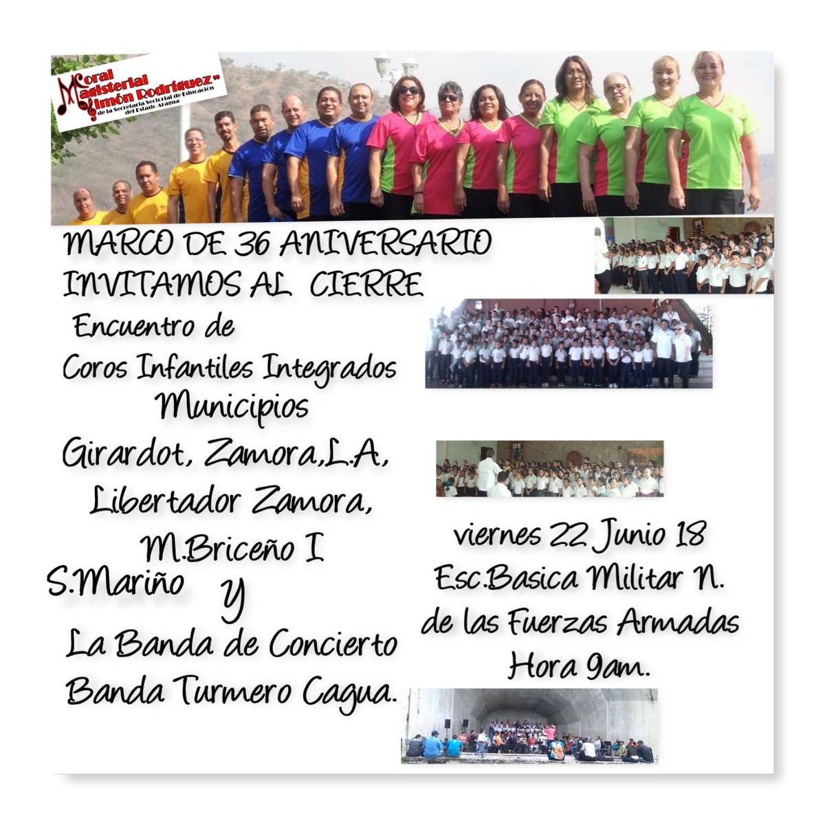 coralmagis's tweet photo. MAÑANA VIERNES 22 DE JUNIO 2018 A LAS 8:30AM EN LA https://t.co/Wa9rQr7pwU LAS FUERZAS ARMADAS CONCIERTO CIERRE CON LA CORAL INFANTIL INTEGRADA ACOMPAÑADA CON LA BANDA TURMERO @TURBANDA       LOS ESPERAMOS https://t.co/rg5RZRrIr5