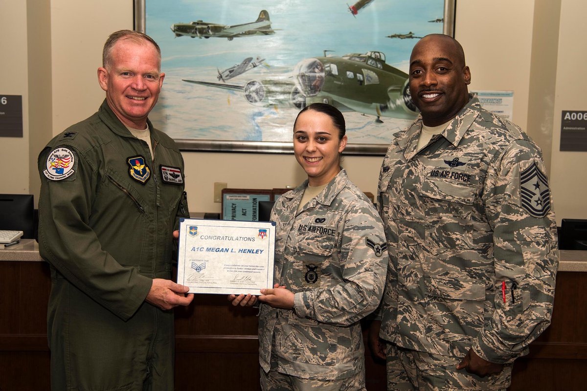 AETCommand's tweet photo. Congrats to A1C's Megan Henley & John Aronowitz from the @71FTW at Vance AFB, OK, for being selected for promotion to Senior Airman Below the Zone! These outstanding Airmen will be promoted to the rank of Senior Airman 6 months early. #BTZ #TopPerformers #DevelopDeliverDeploy https://t.co/aQ3babu0gV