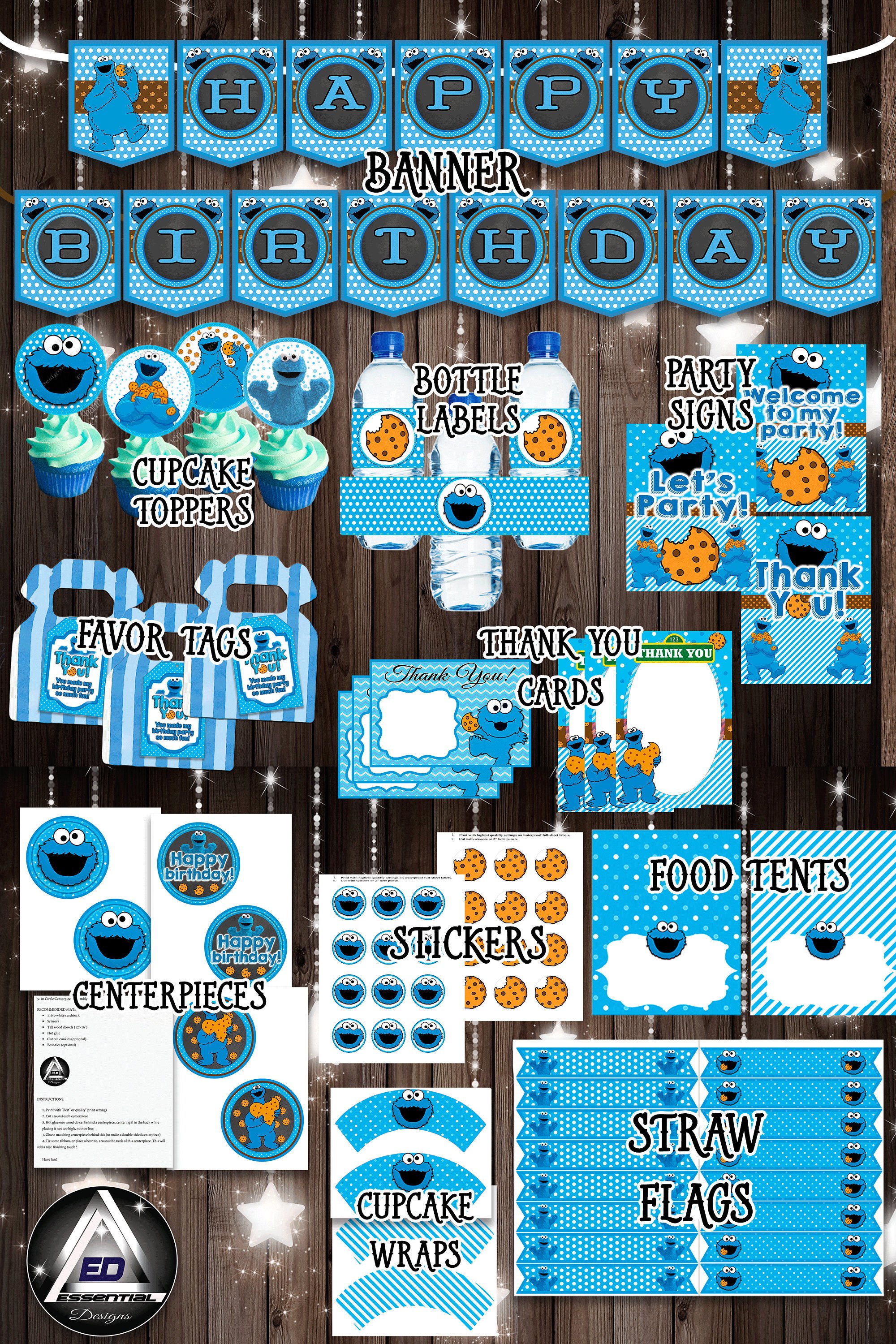 The Essential Designs on X: Cookie Monster Party Pack, Birthday Party Kit,  Printable Decorations, Cookie Monster Thank You Card, Stickers, Sesame  Street, Birthday Tags  #papergoods #birthday  #monsterparty #boybirthday