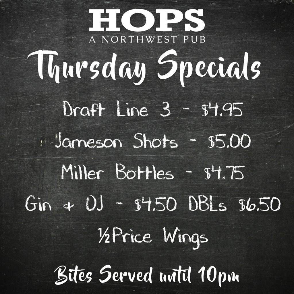 HopsPub's tweet image. You Thirsty? Good thing it's Thursday!
#ThirstyThursday #Specials #HopsNorthwestPub