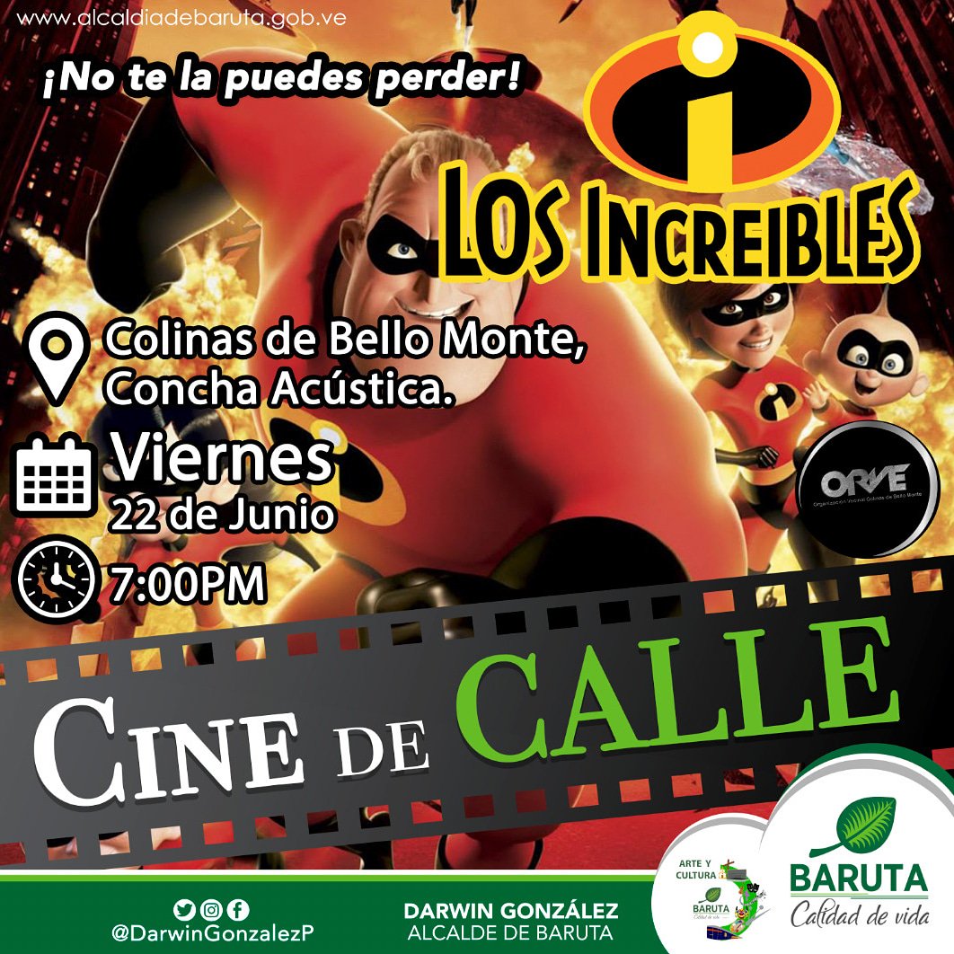 "Cine de Calle" continua con sus funciones, mañana #Viernes #22Junio estará en Colinas de Bello Monte, en la Concha Acústica, reproduciendo "Los Increíbles", a partir de las 7pm ¡Te esperamos!. <a href="/barutacultural/">Baruta Cultural</a> #CalidadDeVida