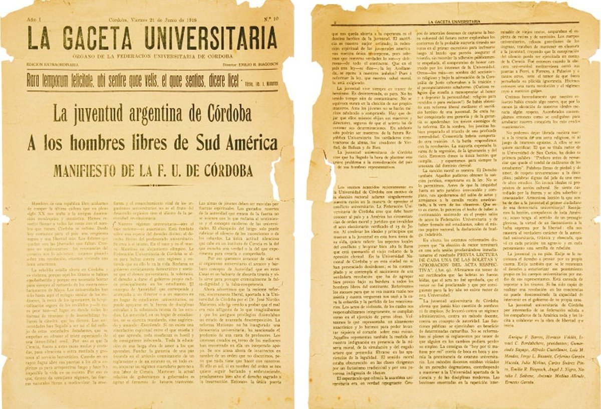 Hombres de una república libre, acabamos de romper la última cadena que en pleno siglo XX nos ataba a la antigua dominación monárquica y monástica. Hemos resuelto llamar a todas las cosas por el nombre que tienen. Córdoba se redime #100ReformaUniversitaria