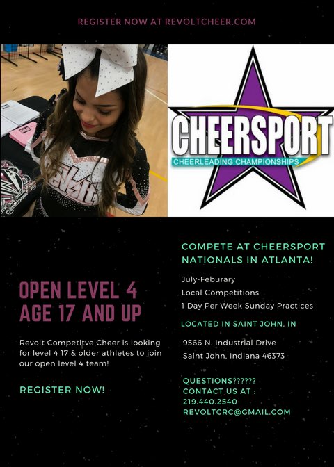RevoltCheer's tweet image. Calling all HS graduates and college age Cheerleaders!!! Come be a part of our Open Level 4 all star team! Only practice 1 day a week, get to compete at local competitions &amp;amp; end your season at Cheersport in Atlanta! Practice begins July 1st! #Revolt