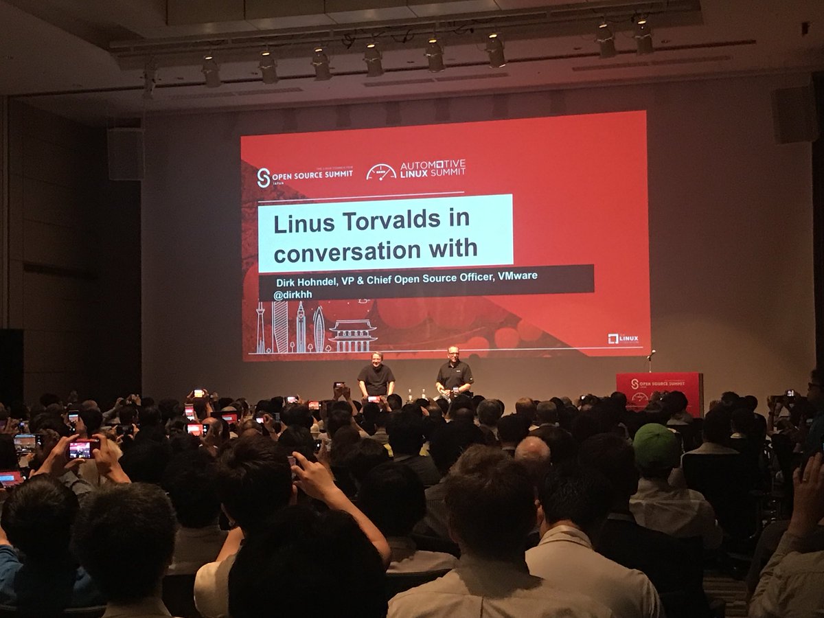 Just watched Linus Torvalds (w/ <a href="/_dirkhh/">Byebye Fowl Site</a> ) at last day of #OSSummit Japan — I’d say this guy has had a pretty impactful career. :)