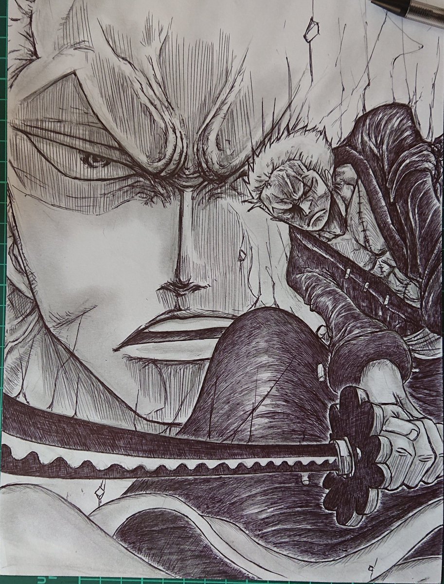 O Xrhsths ｻｻｰｷ Sto Twitter 一刀流 大辰撼 Zoro Onepiece 18年 ｿﾞﾛのこのｼｰﾝが好きで今回で描くの3回目w 2枚目は15年 3枚目は14年w どんだけ描くのよw これ描くのｽｯｹﾞｪ体力と集中力がいるんだよね ｻｻｰｷの集中力3分間だけどw T Co