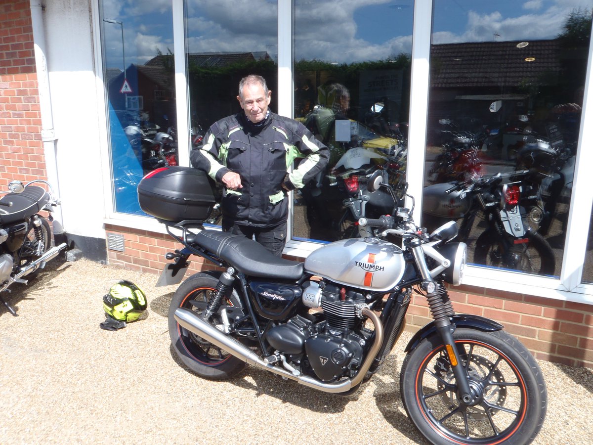 SuffolkTriumph's tweet photo. Here's Raymond Stamp Collecting his Street Twin.

He has just returned from his holiday unfortunately while away he wasn’t very well but hopefully feeling much better now he has his new bike. https://t.co/zTl3xFxRvO