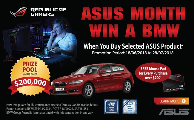 SaveOnITAu's tweet photo. It's @ASUS_ROG month! Check out their amazing #promo with a prize pool valued over $200,000 :fire:
You also get a #FREE Mouse Pad for every purchase over $200*

*Registration, Information, Terms and Conditions on ASUS website:  https://t.co/y8JBttC0FW https://t.co/SJqi0iXn19