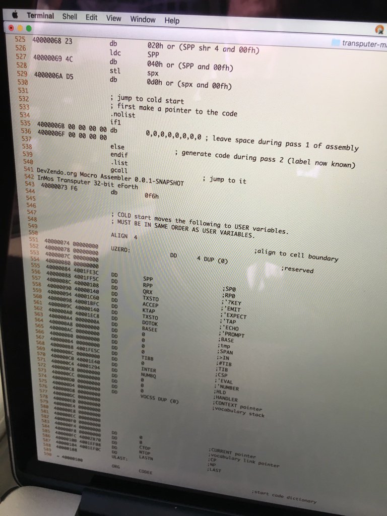 mattgumbley's tweet image. Successful build of #Transputer #eForth with my macro assembler! Woot!!