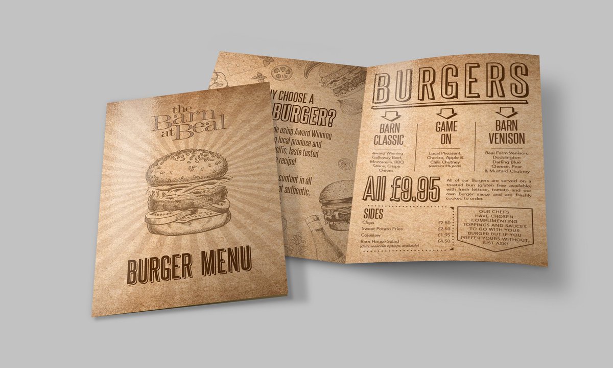 InHouseDesignuk's tweet photo. Rustic burger menu designed and printed by ourselves for local restaurant/cafe, @BarnatBeal #burger #menu #design #print #burgermenu #food #rustic #designlife #restaurant #cafe https://t.co/hRFVksRXn5