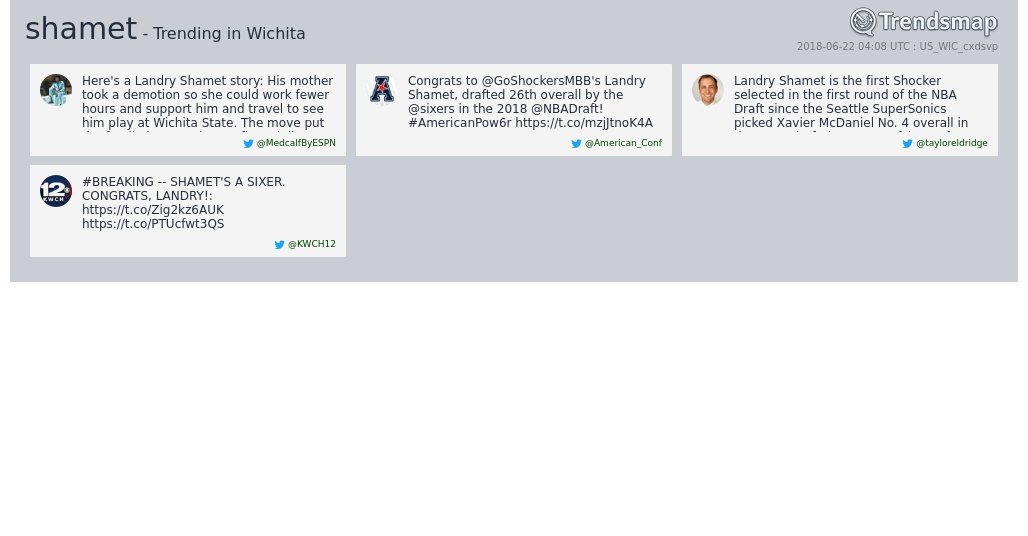 TrendsWichita's tweet photo. 'shamet' & 'landry' are now trending in #Wichita
https://t.co/YJr5jeaQW2 https://t.co/cHQjR8Azr9