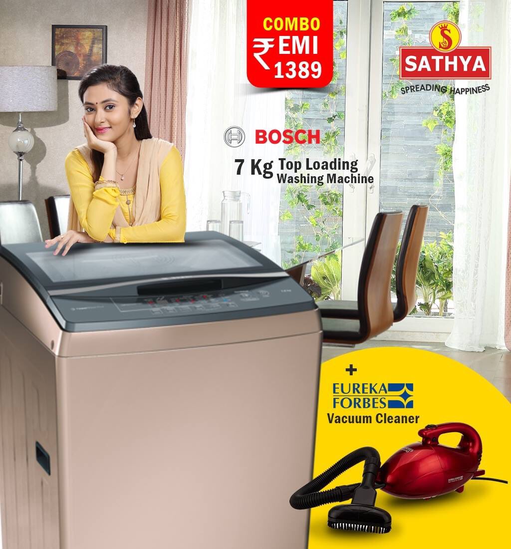 sathyaAgencies's tweet image. Take home a combo of #Bosch 7 kg #Toploading #WashingMachine and #Eureka #VacuumCleaner at just Rs. 1389 (EMI) per month..... ..... .... to know more please Call 88805 98985 or visit your nearby #SathyaRetail showroom