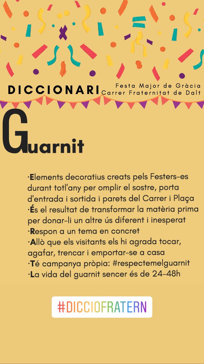 fraternitatdd's tweet photo. La segona paraula del #dicccioFratern és més clara... quin goig faria si aguantés sencer tota la setmana! Entre totes i tots fem Festa Major!🎉
#fraternitatdedalt #diccioFratern #fratern #socfesterafratern #socfesterfratern #FMGràcia #festamajorgracia #guarnit #respectemelguarnit https://t.co/PCTEMkiRR8