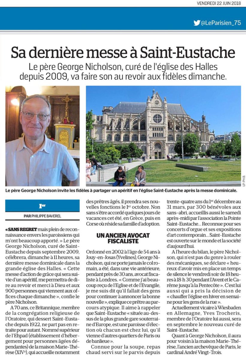 Merci au Père Georges Nicholson d’avoir pendant 10 ans pleinement engagé la paroisse Saint-Eustache au #cœur de la vie cultuelle, culturelle et caritative du quartier des #Halles.