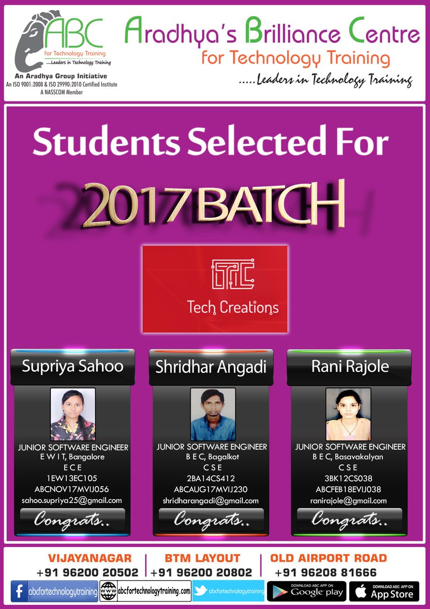 ABCfortech's tweet image. @ABCfortech Hearty Congratulations to all 2017 batch #ABC_students who have got selected to 
#Techcreation through #ABC&apos;s Quality training. All the very best for all your #Career Endeavours.

For more updates Visit Us:- goo.gl/Cf1xce