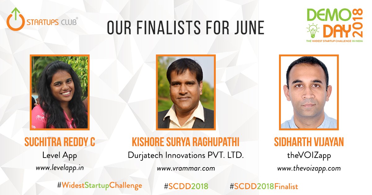 Startups_Club's tweet photo. And we have our finalist of the #StartupsClub #DemoDayFinale2018 ...Congratulations all the three Founders you are now one step closer to winning the 10 Lakh prize money at the DemoDay Finale 2018..17 Finalists so far apply now
https://t.co/KAHLlvxH6l
#WidestStartupChallenge https://t.co/QJTTVN3vZI