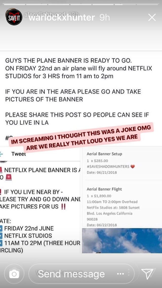 lovemalec4life's tweet photo. #saveshadowhunters Omg! Yes shadowhunters fam! A plane, billboard, raising money, and tweeting on social media!! 😆🙏🏻 we are SOO LOUD and we will not stop until this AMAZING show is renewed for a 4th season!! 🎉❤👏 #PickUpShadowhuntets https://t.co/ADdvCQPjS8