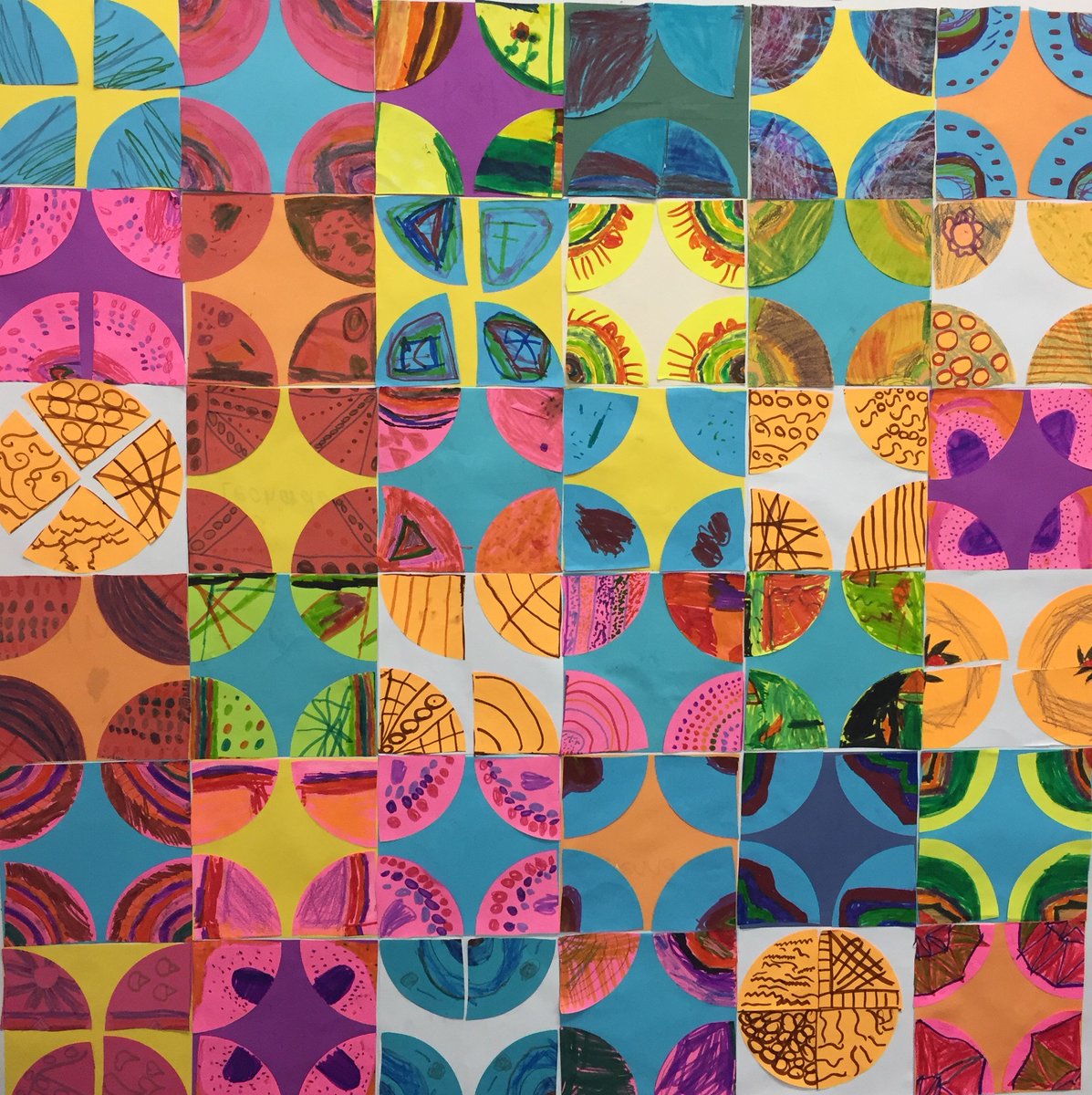 Here's Year 1's class quilt. This lesson integrated Art and Maths. To make this we discussed patterns, fractions and 2D shapes #ACUedu_p