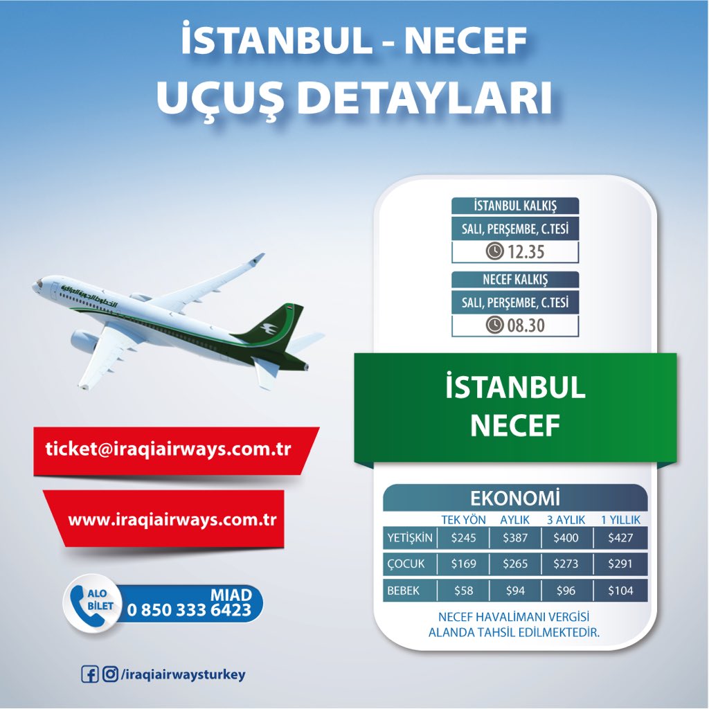 Miadtur's tweet photo. $245’dan başlayan fiyatlar ile #İSTANBUL - #NECEF uçuyoruz!

Detaylı bilgi için https://t.co/r9ts1RQidt ✈️ adresini ziyaret ediniz.

ticket@iraqiairways.com.tr 
☎ +90 850 333 6423

#Miadtur, #Irak Havayolları'nın #Türkiye'deki tek resmi #turizm acentasıdır.]

#IraqiAirways https://t.co/mZQhaYtpMY