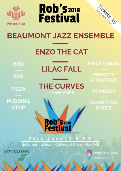 Come along to Beaumont school school tomorrow for a day of great music, food and fun for all at #RobsFestival 2-8pm. <a href="/whatsonstalbans/">whatsonstalbans</a> <a href="/hertslife/">Hertfordshire Life</a> <a href="/StAlbansTourism/">St Albans Tourism</a>