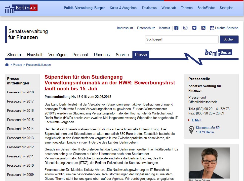 senfin's tweet image. „Wir benötigen junges, engagiertes und fachkundiges Personal im IT-Bereich, um die bevorstehenden Herausforderungen der Digitalisierung zu meistern“, so #KollatzAhnen zur Vergabe von insg. 20 Stipendien im Studiengang #Verwaltungsinformatik der #HWR. ➡️ berlin.de/sen/finanzen/p…