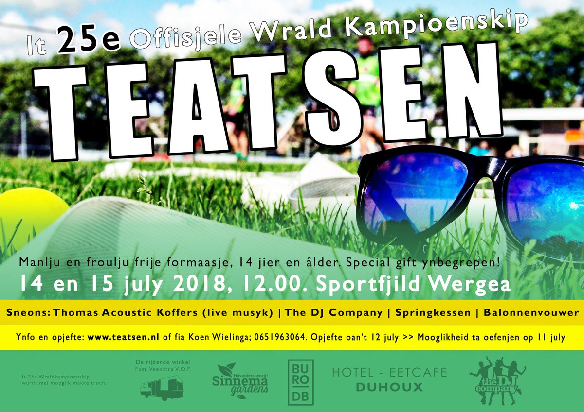 Dit jaar is het 25e wraldkampioenskip Teatsen. We pakken dit jaar dan ook extra uit. Elke deelnemer ontvangt een uniek aandenken aan het WK! De eerste 15 partuur is al een feit. Geef je snel op via teatsen.nl