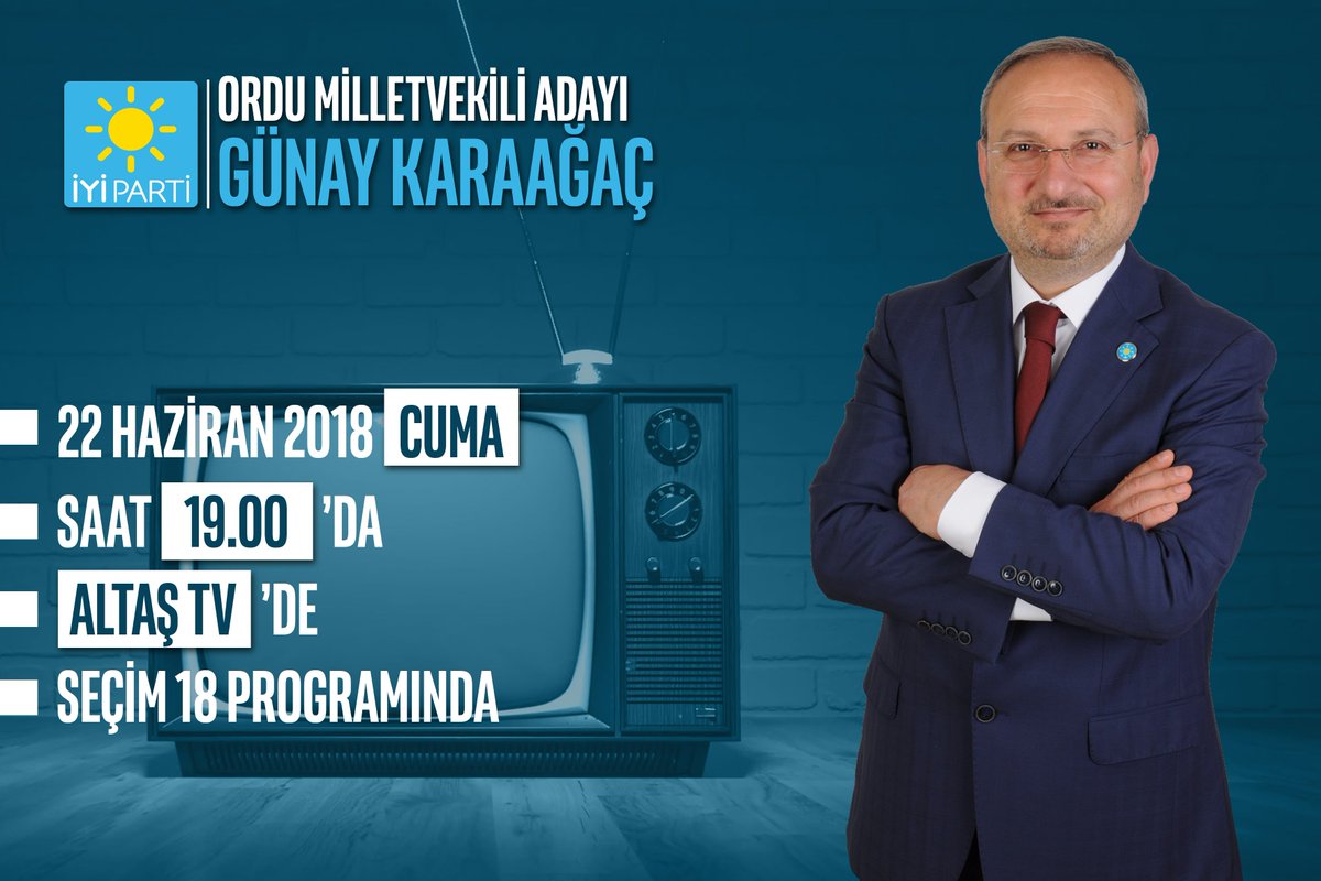Milletvekili Adayımız Günay KARAAĞAÇ bugün saat 19.00'da Altaş TV'de Seçim 18 programının Canlı Yayın konuğu olacak ve 24 Haziran Pazar günü yapılacak olan Cumhurbaşkanlığı ve Milletvekilliği seçimleriyle ilgili son değerlendirmeleri yapacaktır.

İzleyiniz... #YüzünüGüneşeDönOrdu