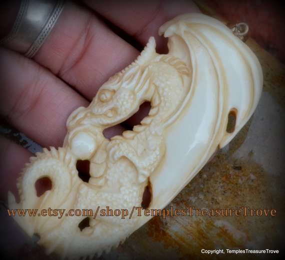 Vintage Gothic Dragon Carved Buffalo Bone Unisex Steampunk Focal Bead Pendant With Silver Bale by TemplesTreasureTrove Nepal Import #dragonpendant #carvedbead #pendantdragon etsy.me/2yE5ydY