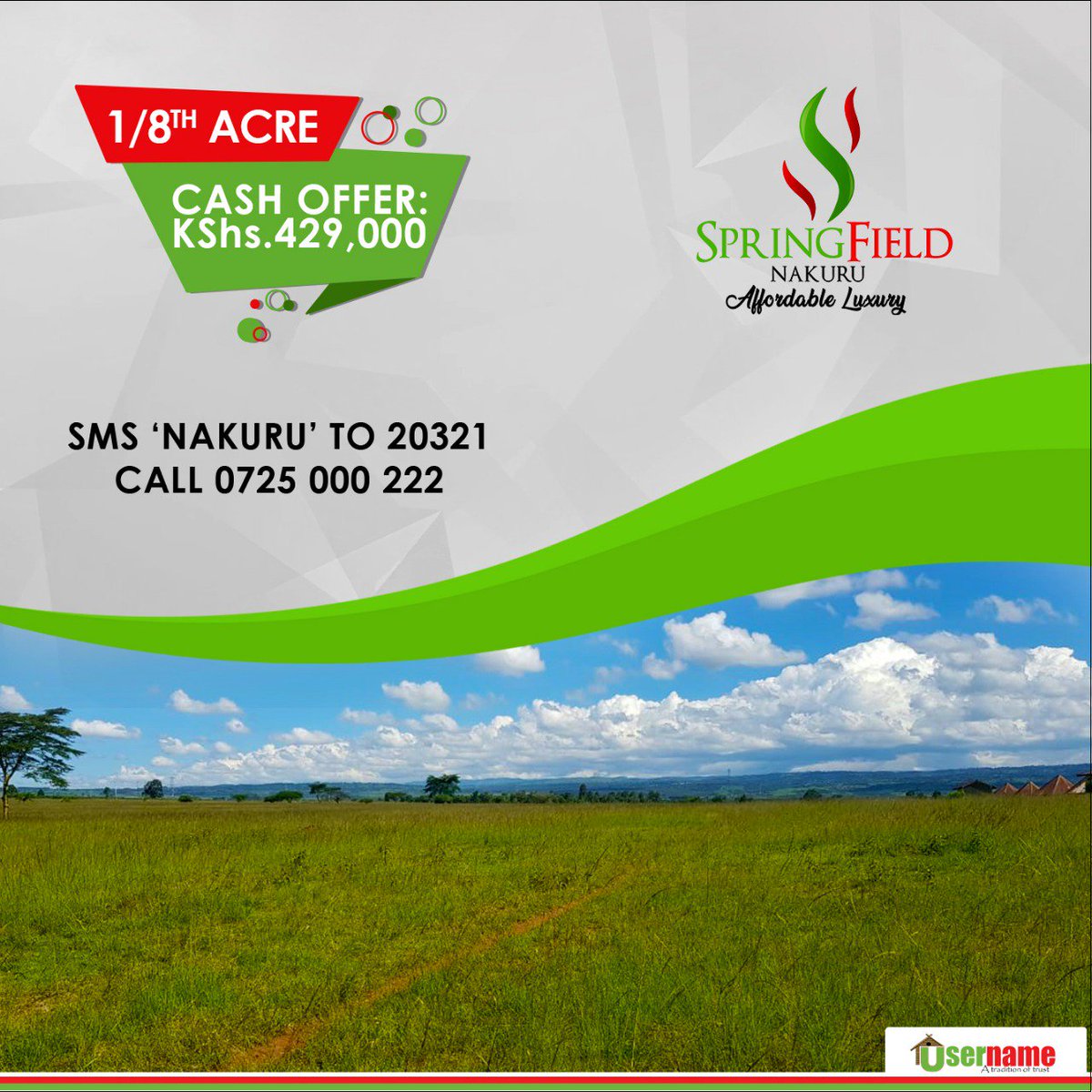 usernameltd's tweet photo. Introducing our newest project, #SpringfieldNakuru, now selling at Ksh 429,000 only for an 1/8th acre plot.
Special offer of Kshs. 399,000 only for the first 100 cash buyers! To view, join us for our OPEN DAY on Sat. 30th June, 2018, text 'NAKURU' to 20321 / call 0725000222 https://t.co/XIGynkKQgw