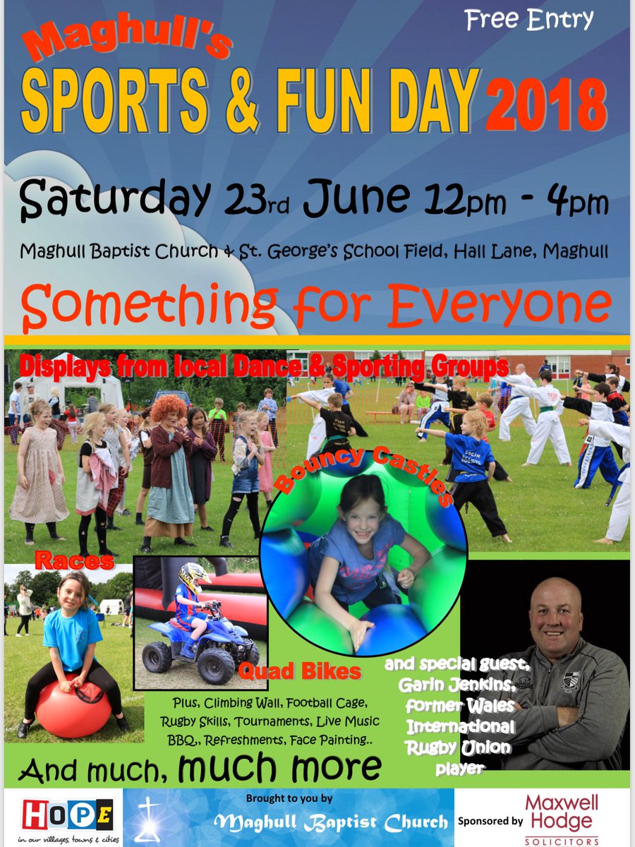 maghullbaptist's tweet photo. It’s our Big weekend of events!
Join us Saturday for our Big Maghull sports fun day! Loads for families to do!
On Sunday at 5pm @ Maghull British legion we have our special guest Garin Jenkins who will be doing an informal interview about his life and being Welsh rugby captain! https://t.co/N65mG0R37S