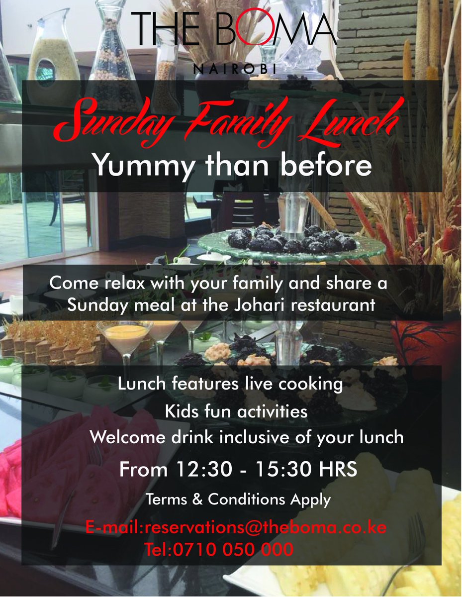 thebomahotels's tweet photo. Come and enjoy a delicious lunch on Sunday right here at the Boma Hotel.
@thebomanairobi https://t.co/bcYOklSbqX