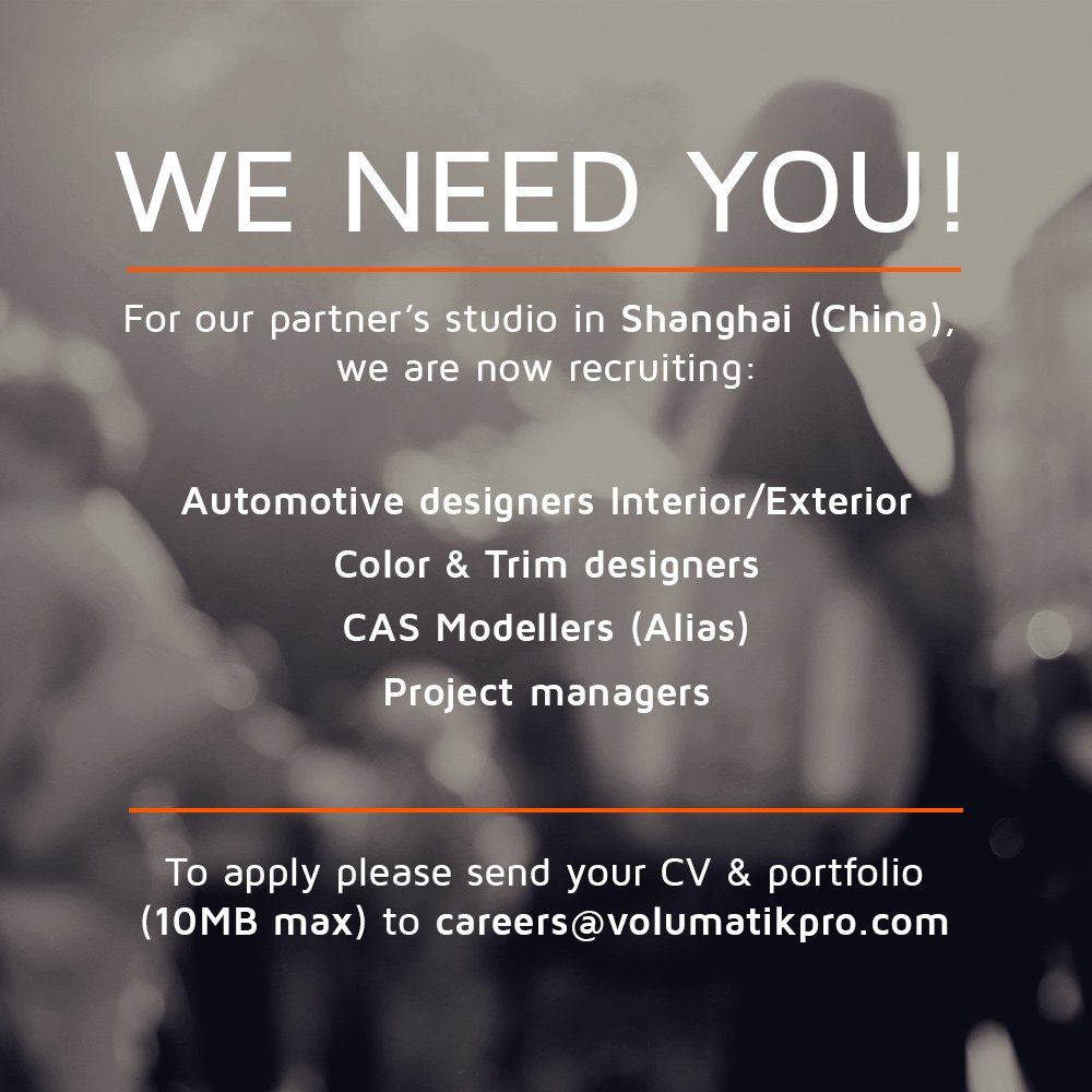 volumatik3d's tweet photo. VolumatikPro is now recruiting for our partner's Design Studio in Shanghai (China)! Automotive designers interior/exterior, Color and trim designers, CAS Modellers (Alias), Project Managers.
https://t.co/h6OUEOZQSY 2Y or more exp? --> send us your CV on careers@volumatikpro.com https://t.co/7kXbNk7cdg