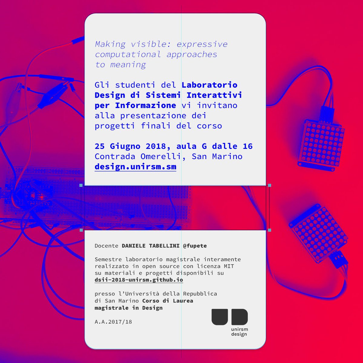 Fupete's tweet photo. Siete invitati alla presentazione dei progetti finali del mio laboratorio magistrale su a San Marino. Lunedì 25 giugno, ore 16 in Contrada Omerelli presso @unirsmdesign — #invisible #explore #p5js #processing #explorativecoding #designbetterworlds #unirsmdesign #unirsm #fupete https://t.co/xdOB9MEBKP
