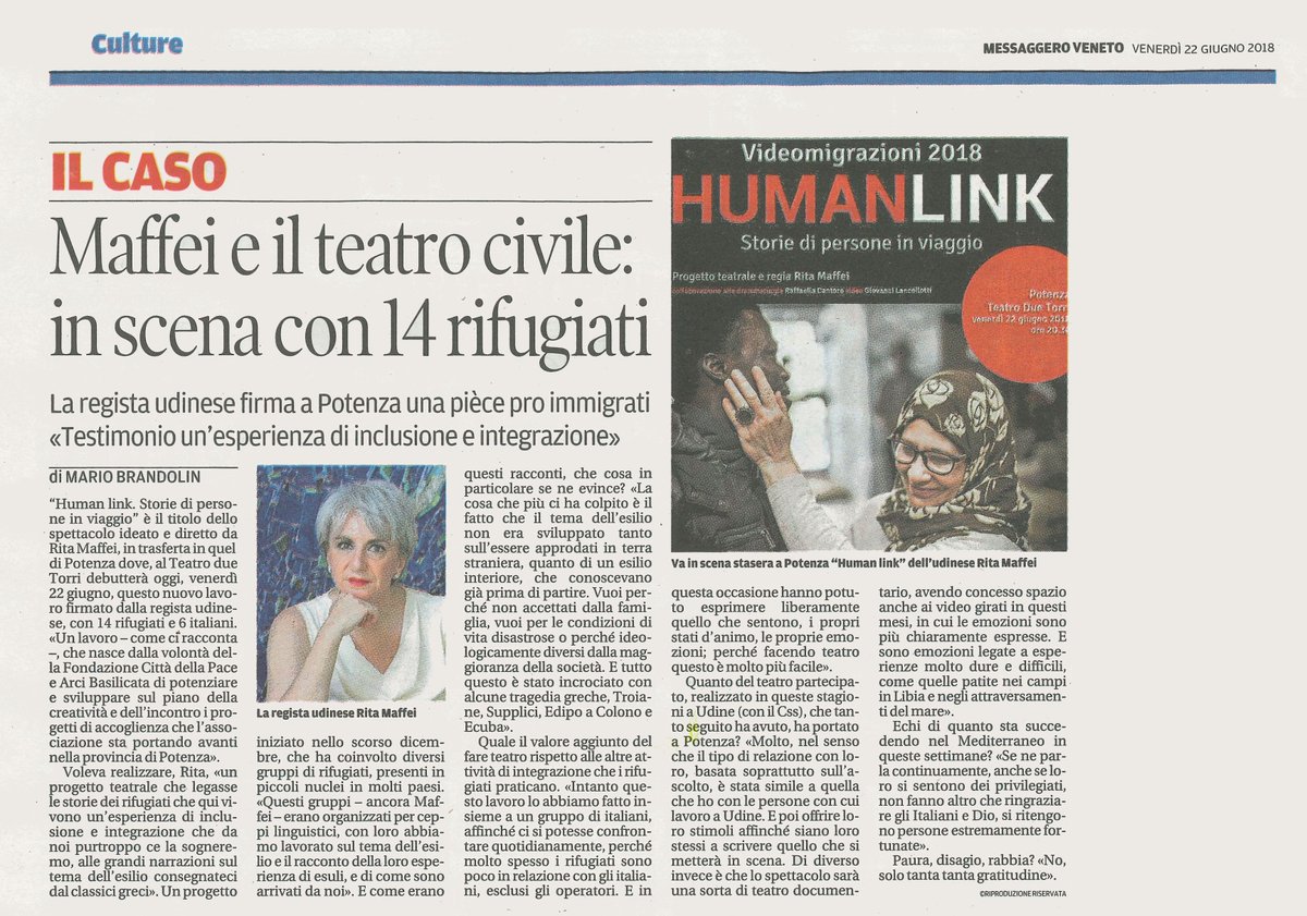 CSSUdine's tweet photo. @RitaMaffeiTweet: 'Testimonio un'esperienza di inclusione e integrazione'
Oggi h20.30 al #TeatroDueTorri di #Potenza la nostra regista debutta con il progetto di #artepartecipata che coinvolge migranti, rifugiati e cittadini della #Basilicata:#HumanLink @fondazionecdp @messveneto https://t.co/IN2UJM39vE