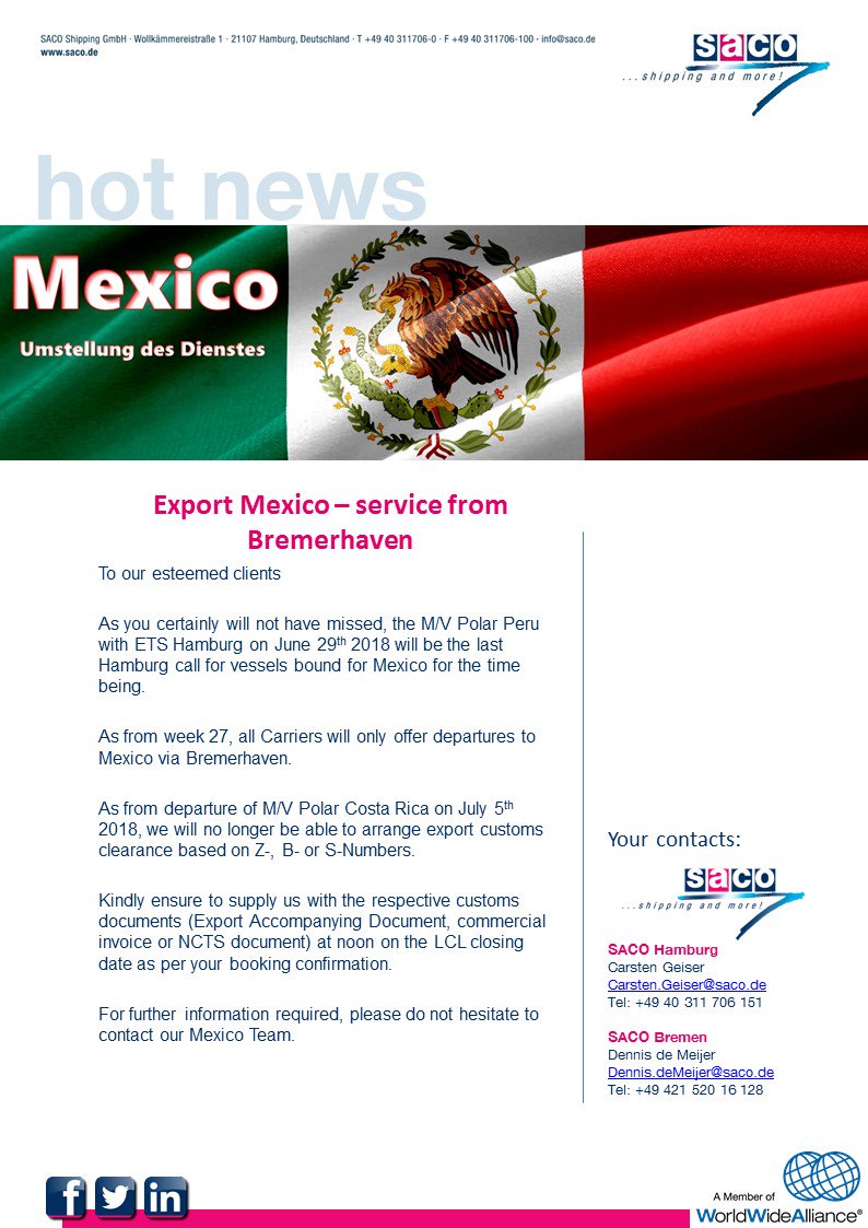 As from week 27, all Carriers will only offer departures to #Mexico via #Bremerhaven.
The M/V Polar Peru will be the last #Hamburg call for vessels bound for #Mexico for our #direct #LCL #NVOCC service