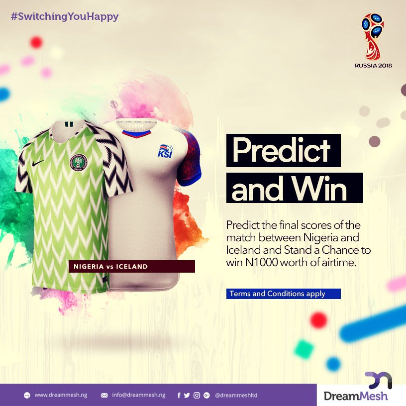 dreammeshltd's tweet photo. The Super Eagles are up against Iceland today. Predict the scoreline at the end of the game and you can win N1k airtime.
Terms and conditions apply.

#WorldCup #NGA #WorldCup2018 #DreamMesh #giveaway #SuperEagles #FifaWorldCup2018 https://t.co/tZi8Ti2OAb