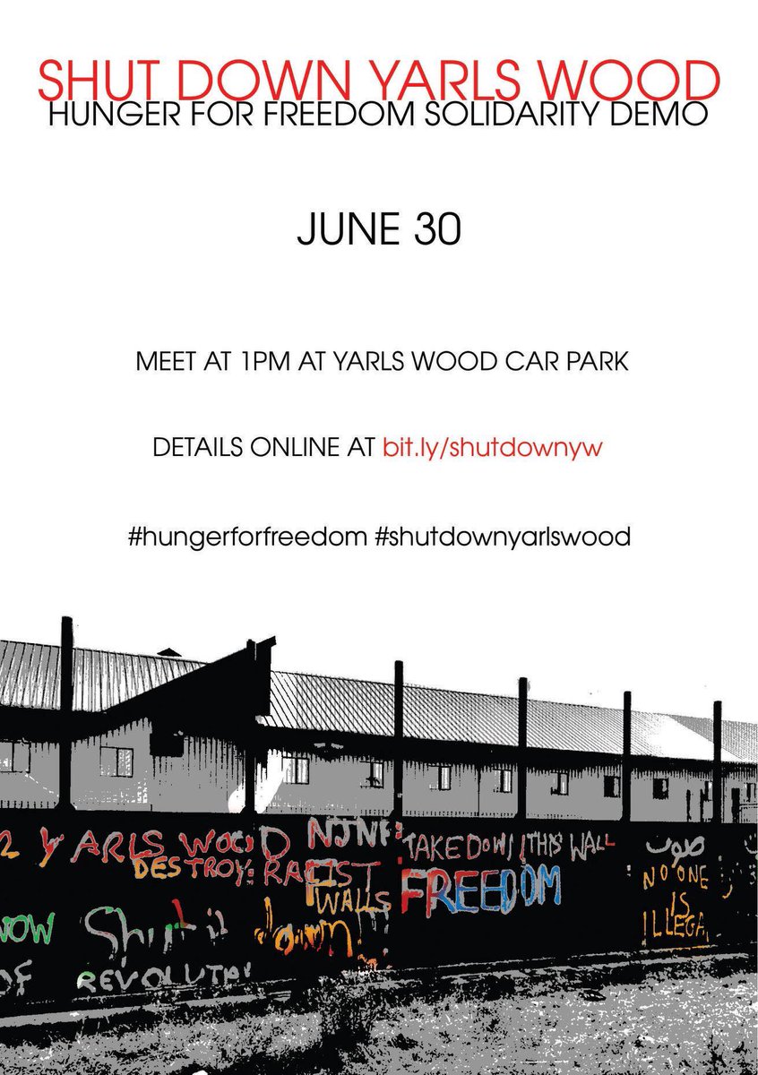 UnisNotBorders's tweet image. Tickets still available from Brighton, Bristol, London, Manchester &amp;amp; Nottingham for the upcoming #ShutDownYarlsWood #HungerForFreedom demo on SATURDAY 30 JUNE. 

For more info &amp;amp; to book your coach ticket, click here:  facebook.com/events/2280408…

#NoOneIsIllegal 
#ShutDownAllCages