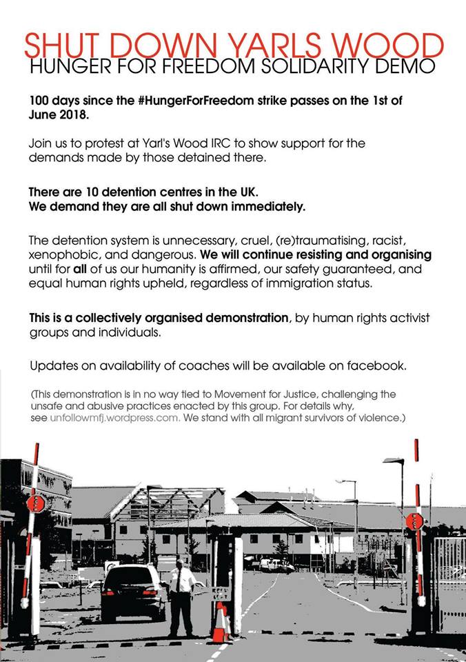 UnisNotBorders's tweet image. Tickets still available from Brighton, Bristol, London, Manchester &amp;amp; Nottingham for the upcoming #ShutDownYarlsWood #HungerForFreedom demo on SATURDAY 30 JUNE. 

For more info &amp;amp; to book your coach ticket, click here:  facebook.com/events/2280408…

#NoOneIsIllegal 
#ShutDownAllCages
