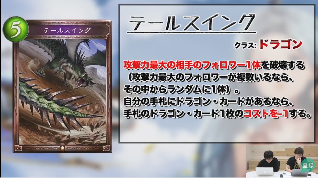 集中力0 V Twitter テールスイング ブロンズ スペル ドラゴン 5コスト 能力 攻撃力最大の相手のフォロワー1体を破壊する 候補が複数あるならその中からランダムに1体 自分の手札のドラゴン カード1枚のコストを 1する シャドウバース C0bs T Co