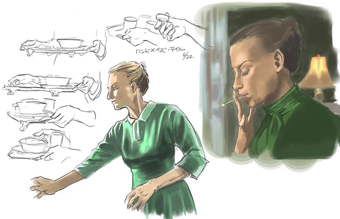 バクマンとハンドメイズ・テイルで模写〜。洋ドラの陰影いいな〜と思って同じように再現目指すけど、目で見て同じ色を作るの難しい‥。自分の思っているより陰は暗いし、明はあかるい。最近おっさん模写多かったから若人の体つき新鮮、小中くらいの細っこい手足すき‥ 
